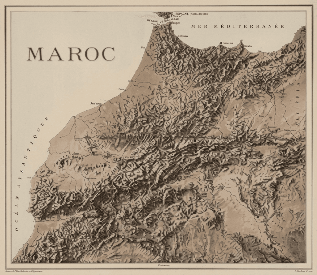 Carte topographique du nord du Maroc — Atlas, côte atlantique.